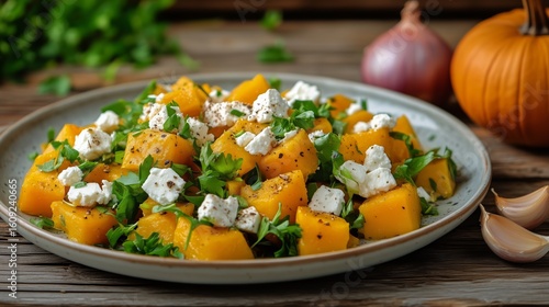 Colorful Salad With Roasted Pumpkin, Feta Cheese, and Herbs in a Rustic Setting