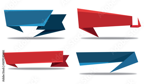 Four distinct origami style speech bubble banners in red and blue with subtle drop shadows on a white background