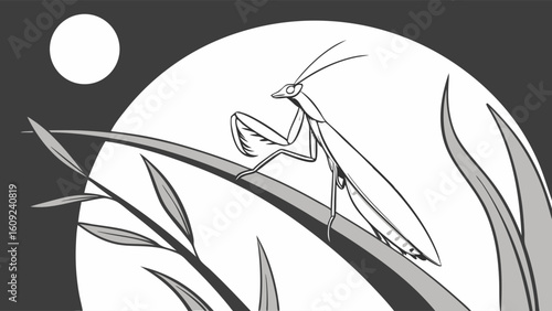 Praying Mantis Silhouette on Plant Stem Against Moonlit Sky - Stylized Black and White Nature Illustration