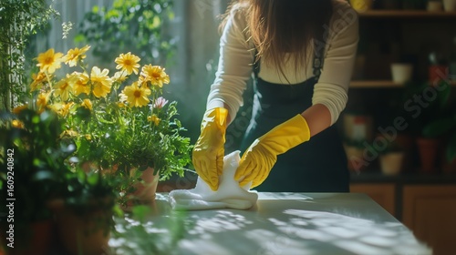 Gardening Enthusiast Preparing Soil in a Sunny Indoor Garden With Vibrant Flo...