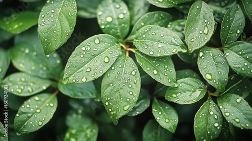 Fresh Green Leaves Glistening With Raindrops in a Lush Garden During Early Mo...