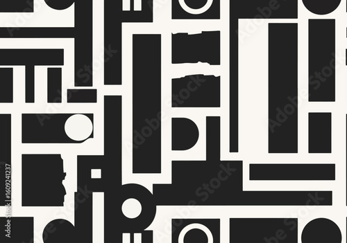 A striking black-and-white abstract composition combines bold geometric blocks and circles with the unexpected silhouette of a human profile.