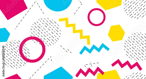 A vibrant and energetic abstract pattern in the 1980s Memphis style features a dynamic mix of colorful geometric shapes, zig-zags, and hatched patterns.