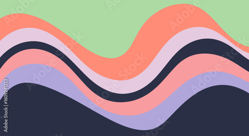 A serene, minimalist composition of undulating color bands in sage green, coral, and purple creates an abstract impression of rolling hills or calm waves.