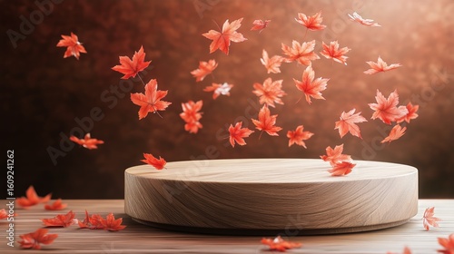 Red Maple Leaves Falling Above a Wooden Platform in Autumn.