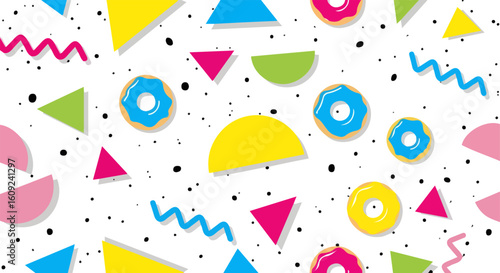 A playful and vibrant retro pattern combines colorful donuts with 1980s Memphis-style geometric shapes and confetti over a white background.