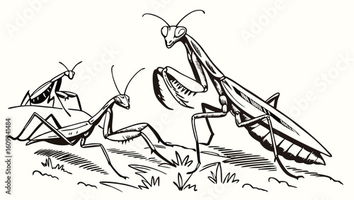 Black and White Ink Illustration of Praying Mantises in Natural Grass Habitat, Detailed Hand-Drawn Sketch of Insect Family, Wildlife Entomology Art
