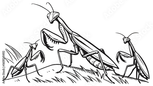 Black and White Praying Mantis Family Line Art Illustration. Detailed Hand-Drawn Sketch of Adult and Young Mantises in a Natural Grassy Environment...