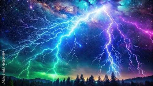 Electric blue lightning bolt streaks across a dark sky with vibrant purple and green hues