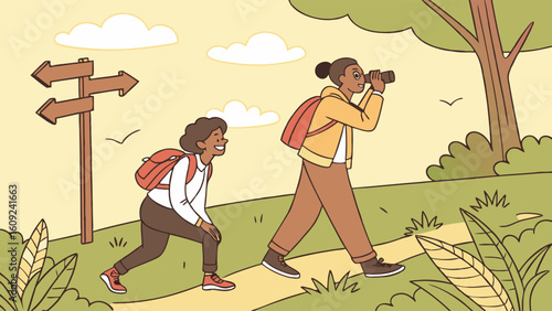 Outdoor adventure with adult and child hikers exploring a scenic nature trail, with one using binoculars for discovery and the other embracing the ...
