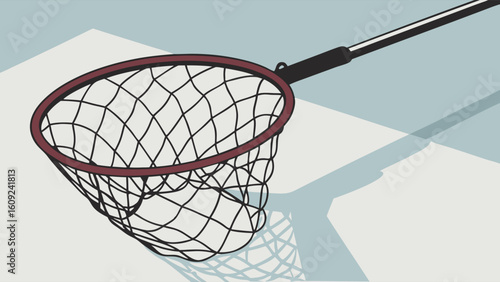 Fishing Landing Net with Extendable Handle Illustration on Blue Background