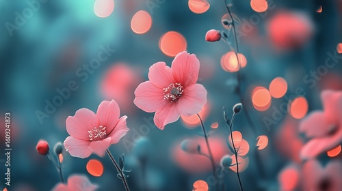 Delicate Pink Flowers Bloom in a Vibrant Garden During a Serene Spring Evening