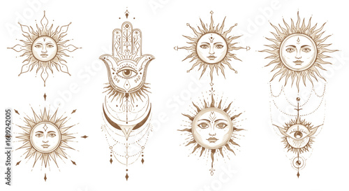 Celestial Symbols Sun Faces and Hamsa Hand Collection