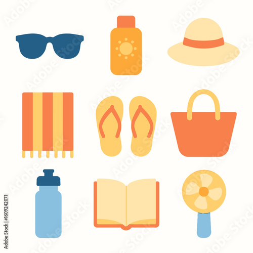 Summer Vacation Accessories Set with Sunglasses Sunblock Hat Towels Flip Flops Tote Bag Water Bottle Book Fan