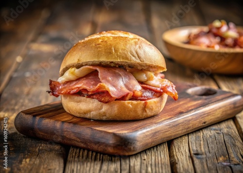 A perfectly cooked bacon roll sits on a rustic wooden board