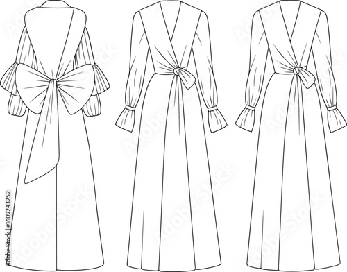 Elegant long dress flat sketch, front and back view CAD drawing, vector fashion illustration with puff sleeves and large bow detail