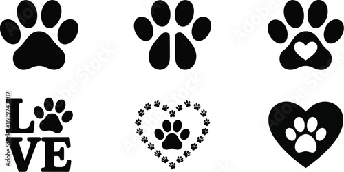 Paw print icon set with heart and love symbols. Vector collection of animal footprints for pet lovers. Dog and cat track silhouettes isolated on white background.
