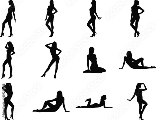 Set of female silhouettes. Collection of beautiful women in various fashion poses. Vector girl figure icons for design, isolated on white background.
