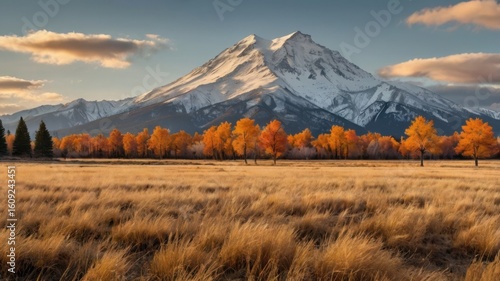 A scenic view of a snow capped mountain with autumn trees and a golden field in the foreground
