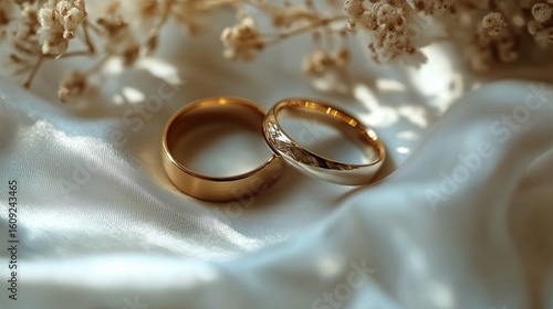 Golden Wedding Rings Resting on Soft Fabric Alongside Delicate White Flowers.