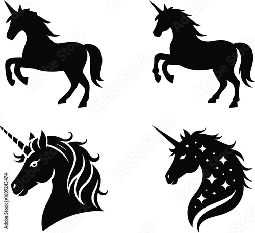 Unicorn silhouette set. Collection of magical fantasy horse vector icons. Mythical creature graphics for logo or design, isolated on white background.
