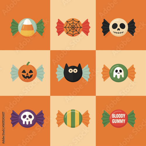 Halloween Candy with Spooky and Cute Designs in Bright Orange and Green Colors