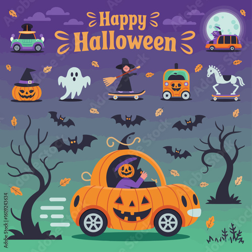 Halloween themed cartoon pumpkin car with children dressed as witches ghosts and bats in spooky night scene