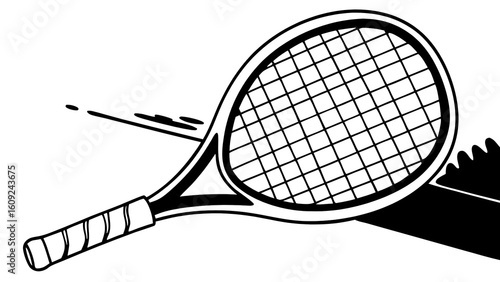 Clean black and white illustration of a tennis racket, suitable for sports equipment visuals.