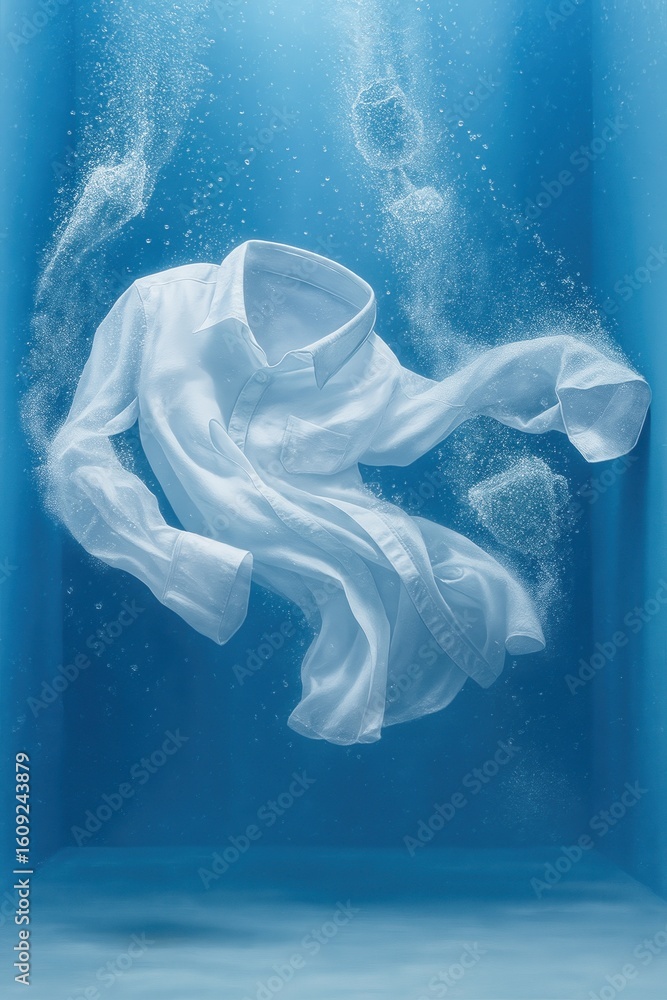 Fototapeta premium White dress shirt underwater with bubbles laundry detergent freshness concept fabric care and washing effect