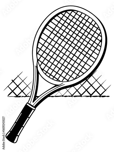 Simple black and white line art illustration of a tennis racket lying on a court.