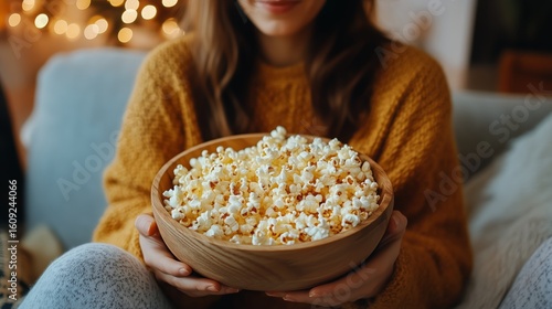 Cozy Evening With a Large Bowl of Popcorn in a Warm Living Room Decorated Wit...
