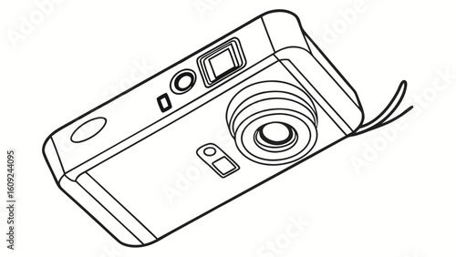 Classic Compact Camera Line Art Icon. Simple Black and White Outline Drawing of a Point-and-Shoot Photographic Device, Ideal for Travel and Hobby G...