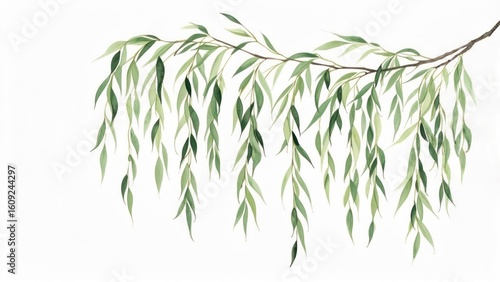 Weeping willow branch with cascading leaves, delicate and graceful