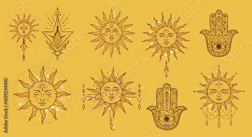 Esoteric collection of celestial suns with faces and protective Hamsa hand symbols. Mystical vector illustration set for spiritual design.