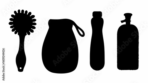 Silhouette of a dish brush, a reusable bag, a water bottle, and a soap dispenser on a white background | editable eps vectors