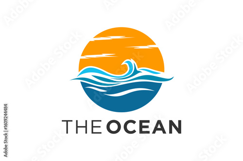 Sunset over ocean waves logo design. Marine vector illustration.