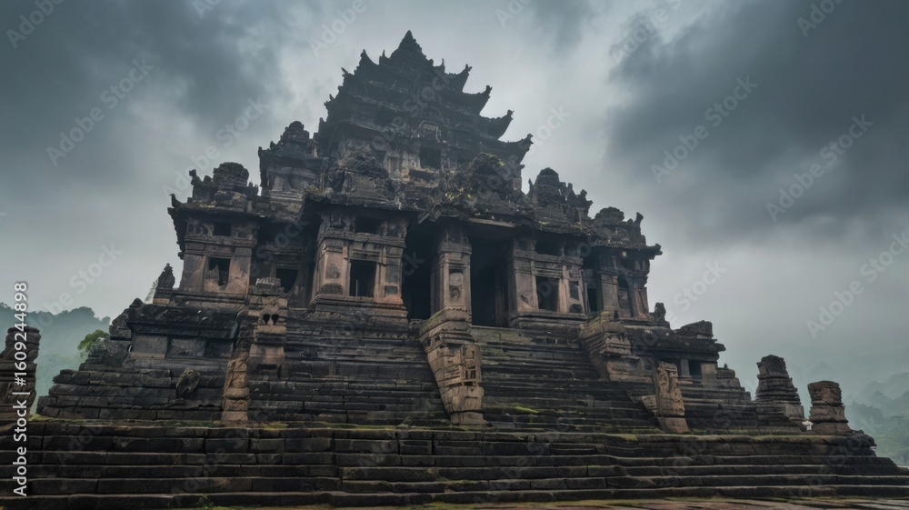 Ancient temple with tiered roof and stone steps under a cloudy sky in a mystical landscape view Ancient temple with tiered roof and stone steps under a cloudy sky in a mystical landscape view