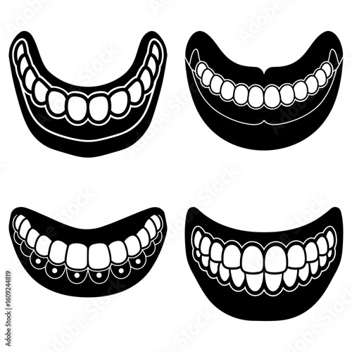 Four cartoon dentures showing different styles of teeth in black and white vector illustration art
