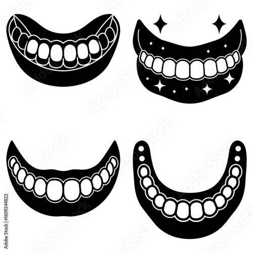 Four variations of dentures and teeth designs in black and white simple dental illustrations style art