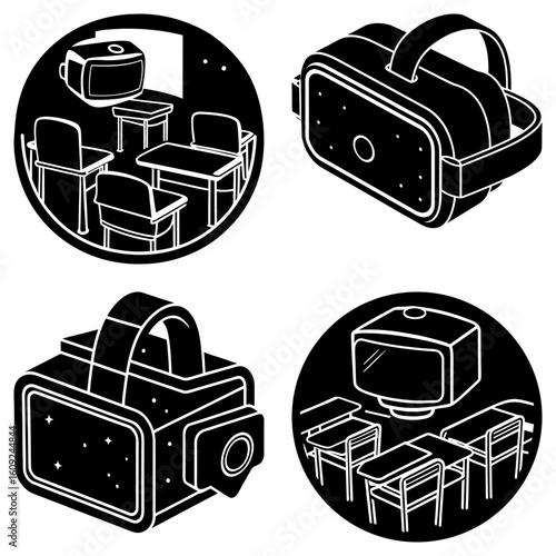 Illustration showing vr headsets and virtual reality classroom setups in black and white style