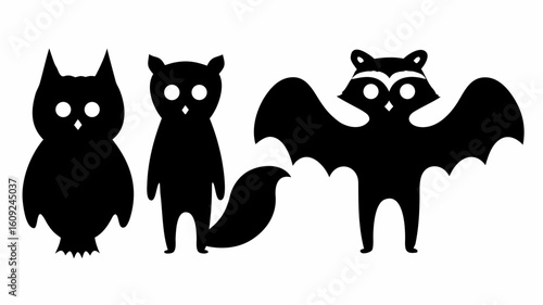 Silhouette illustration of an owl a fox and a bat in black and white standing next to each other | editable eps vectors