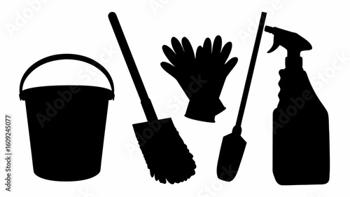 Illustration of cleaning supplies including a bucket brush gloves duster and spray bottle in black silhouette | editable eps vectors