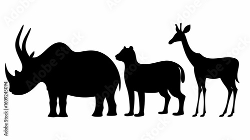 Silhouette depiction of a rhinoceros, a quadruped animal, and a giraffe standing in a row formation | editable eps vectors