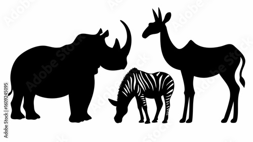 Silhouette depiction of a rhino zebra and antelope standing together on a white background plain scene | editable eps vectors