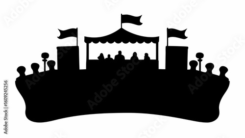 Silhouette of a grandstand with flags and people under a tent like structure in black and white design | editable eps vectors