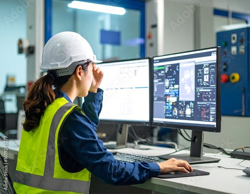 Female engineer working on computer in industrial control room environment