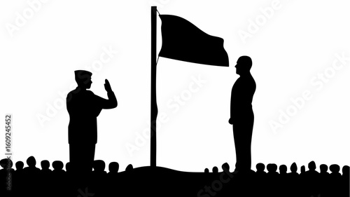 Silhouette of military officer taking oath before flag with crowd in foreground on white background | editable eps vectors