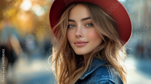 Young Woman in a Red Hat Smiles Warmly During a Sunny Autumn Afternoon in a B...