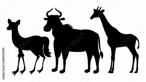 Silhouette illustration featuring a deer, a wildebeest, and a giraffe in a side by side composition | editable eps vectors