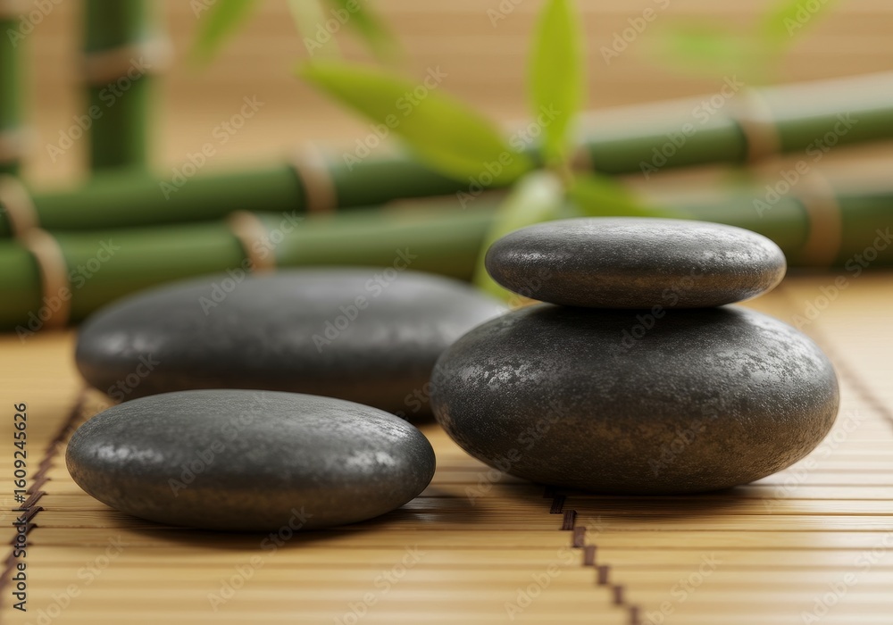 Balanced Stones and Bamboo on Woven Mat Balanced Stones and Bamboo on Woven Mat
